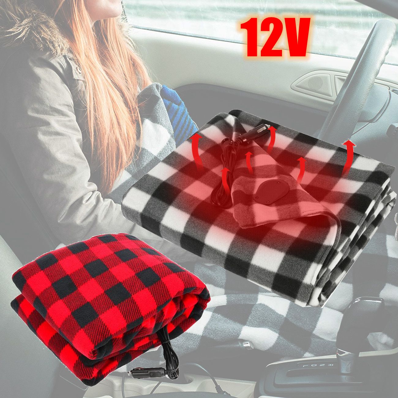12V Heated Electric Fleece Black Red Checkered Blanket Car Truck SUV Van Warmer