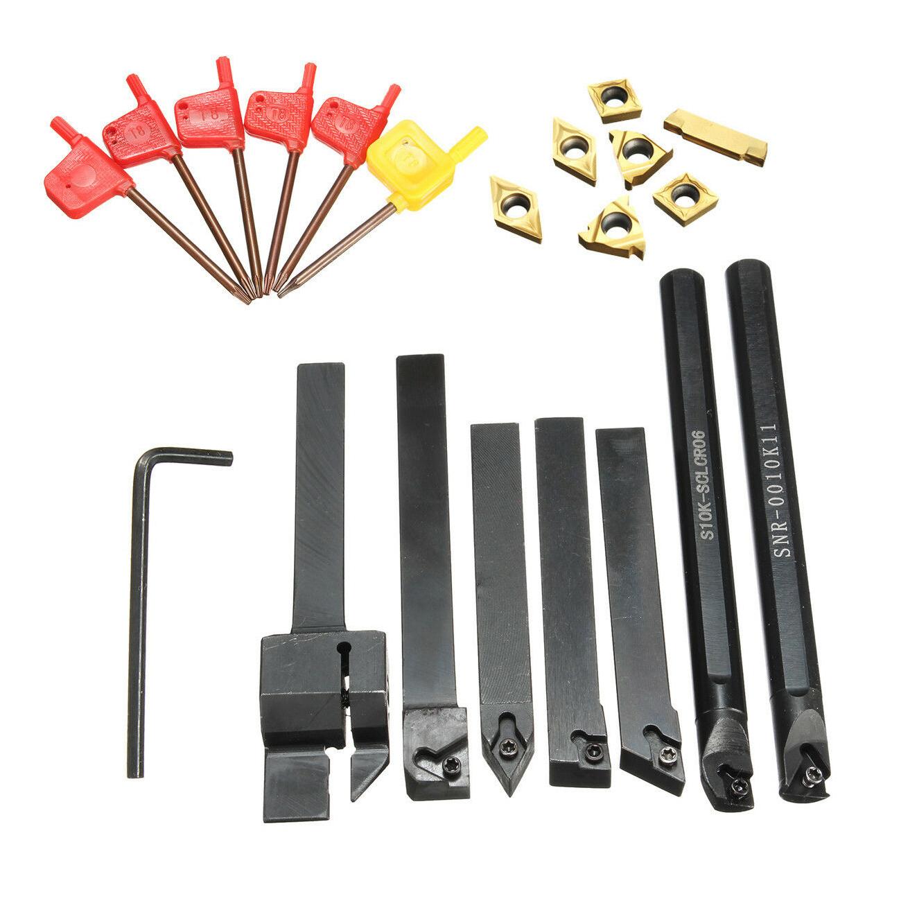 7Pcs 10mm Shank Lathe Turning Tool Holder Boring Bar With Carbide Inserts UK