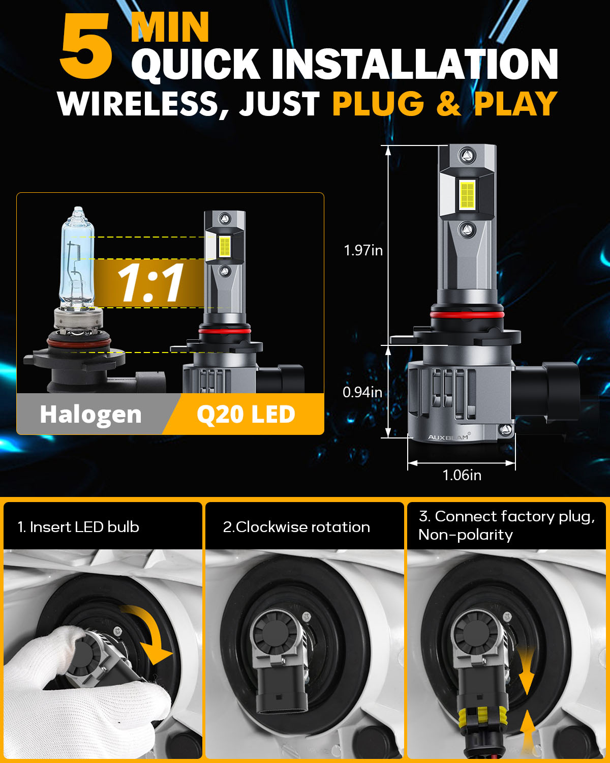 How to install 9012 HIR2 LED Headlight Bulbs Auxbeam® Q20-SE Series 