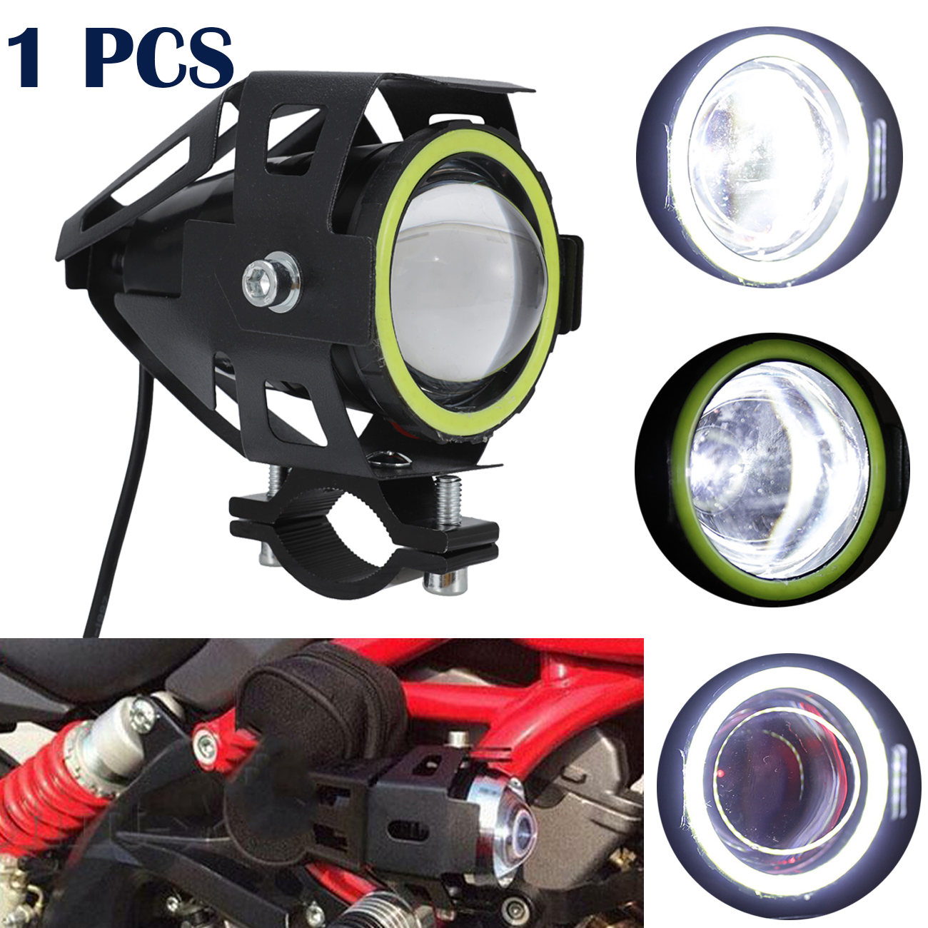 1pcs 125W U7 Angel Eyes Light Motorcycle Headlight LED Fog Spotlight+Switch
